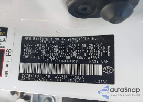 2016 Toyota Camry Hybrid Le из США, поврежденный, VIN 4T1BD1FK1GU178056